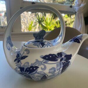 Pier 1 Imports Porcelain Blue White Butterfly Floral Tea Pot Hand Painted w/ Lid